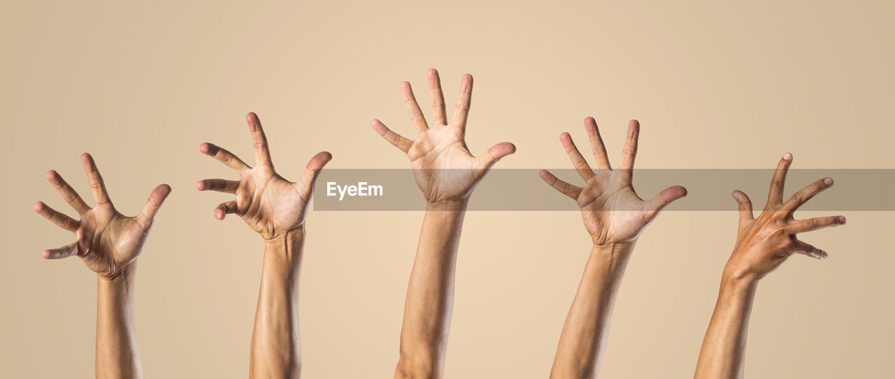 Hand rising in a beige pastel background. group of people. community concept. togetherness