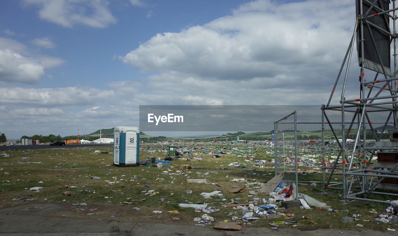 Garbage on field against sky