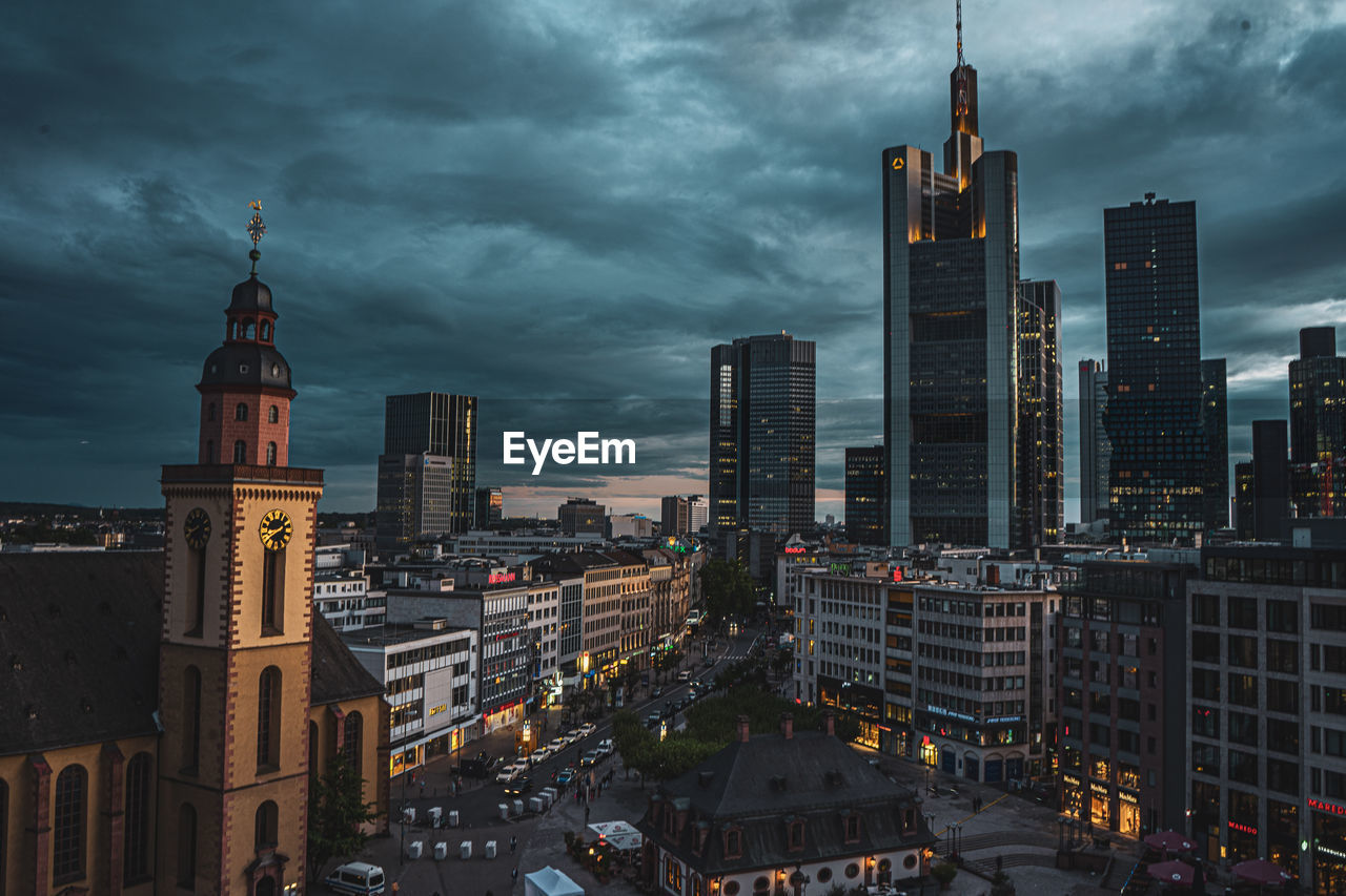 High angle view of cityscape against sky during dusk