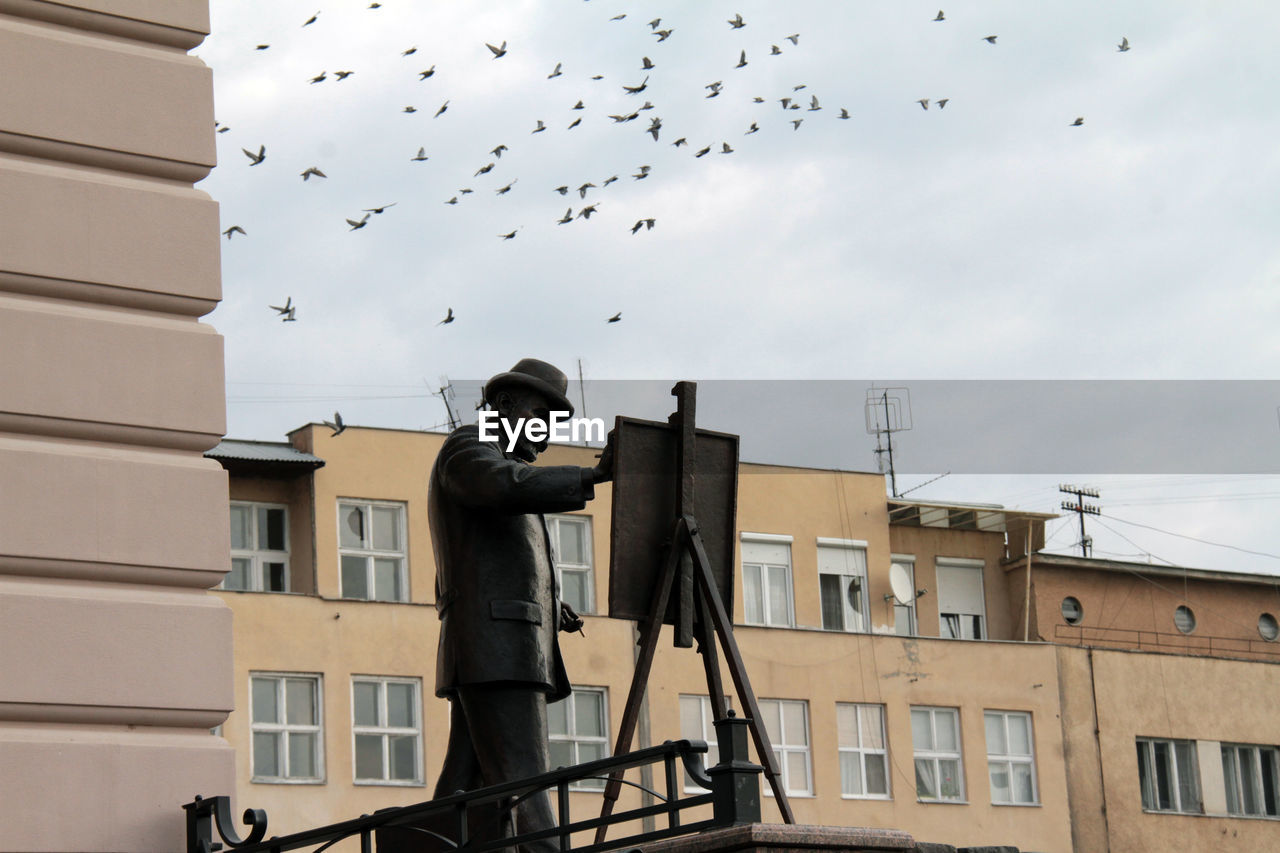 LOW ANGLE VIEW OF WOMAN FLYING BIRDS AGAINST SKY