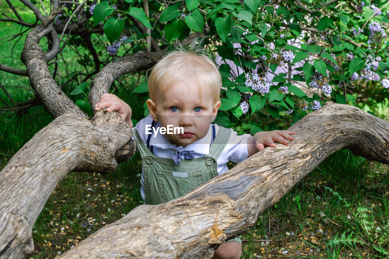 Adorable little boy with blue eyes near to tree in blossom spring garden with purple lilac flowers.