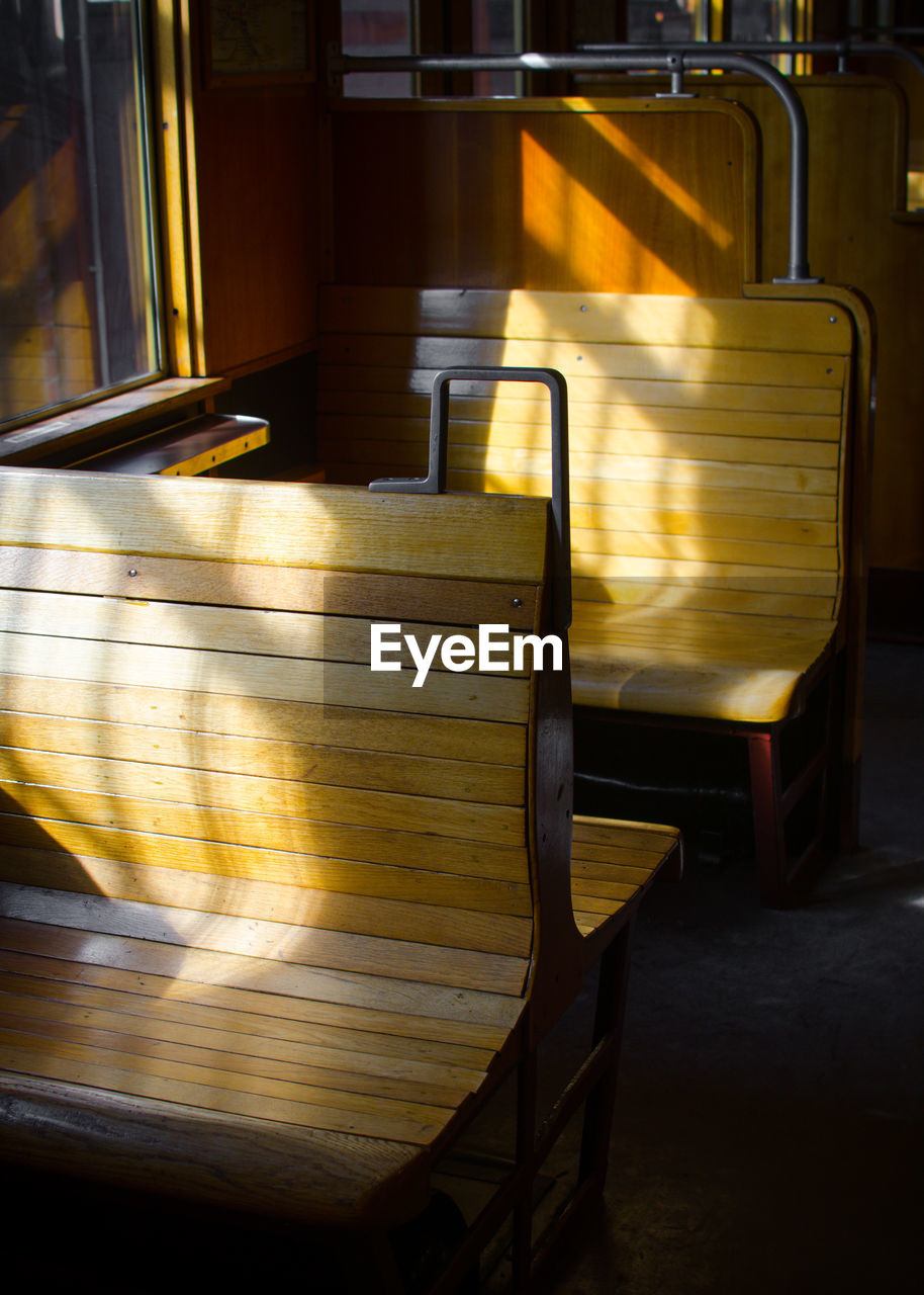 High angle view of empty train seats