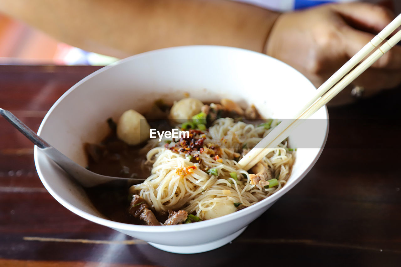 Close-up of noodles served in bowl