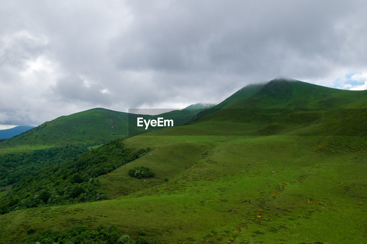 SCENIC VIEW OF GREEN LANDSCAPE AND MOUNTAINS AGAINST SKY