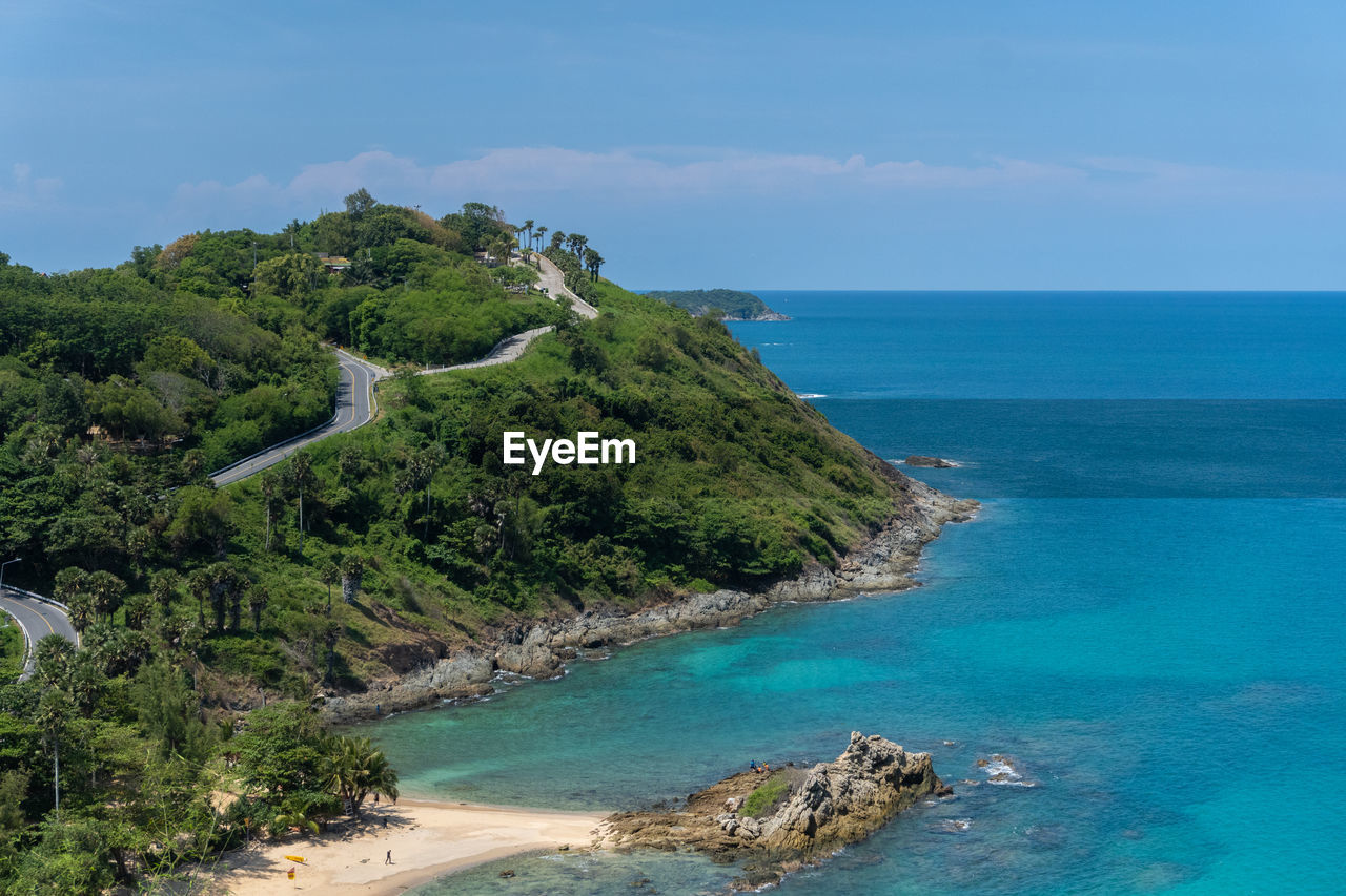 Landscape part of tripical island deep blue waves ocean and clear summer sky seascape as background