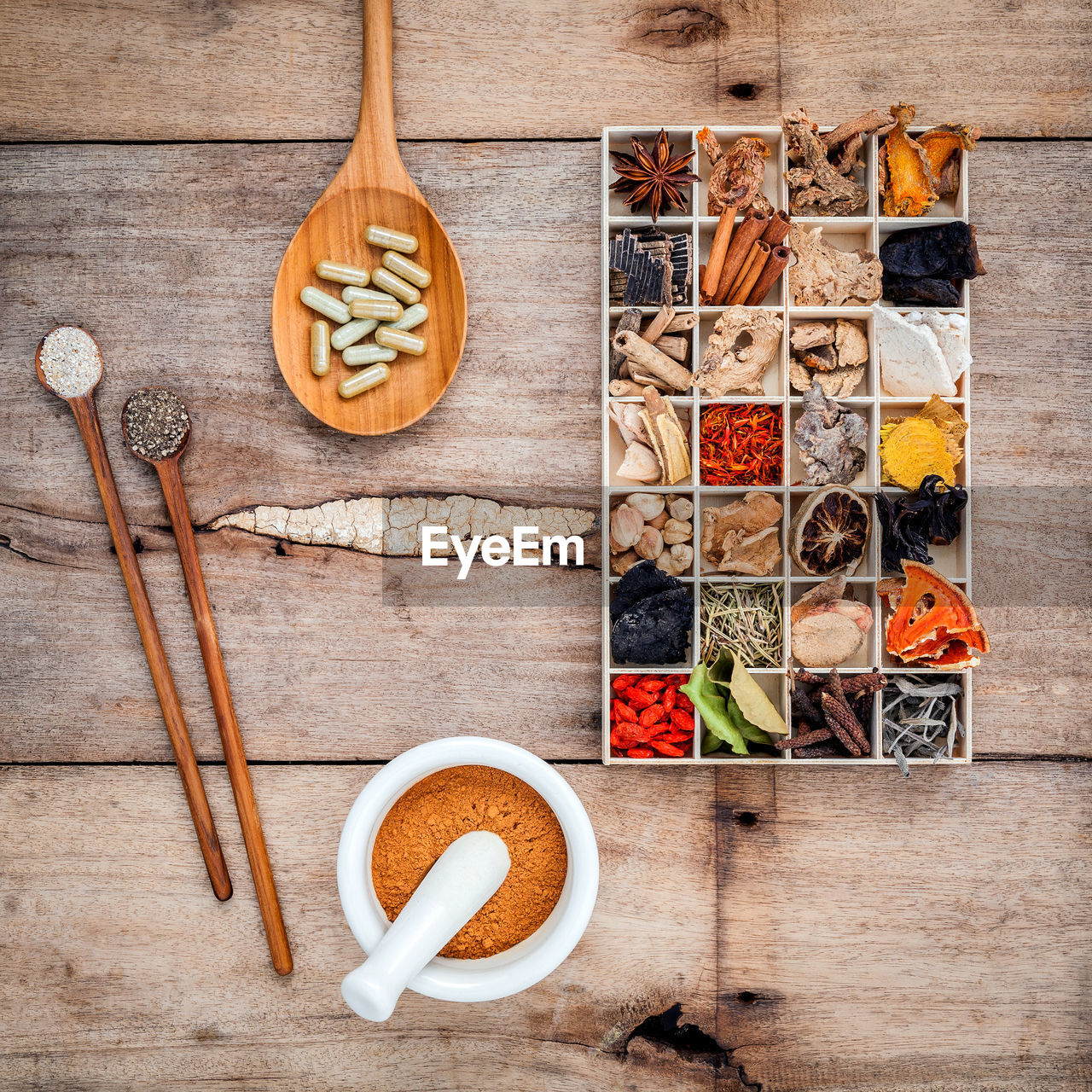 High angle view of spice on wooden table