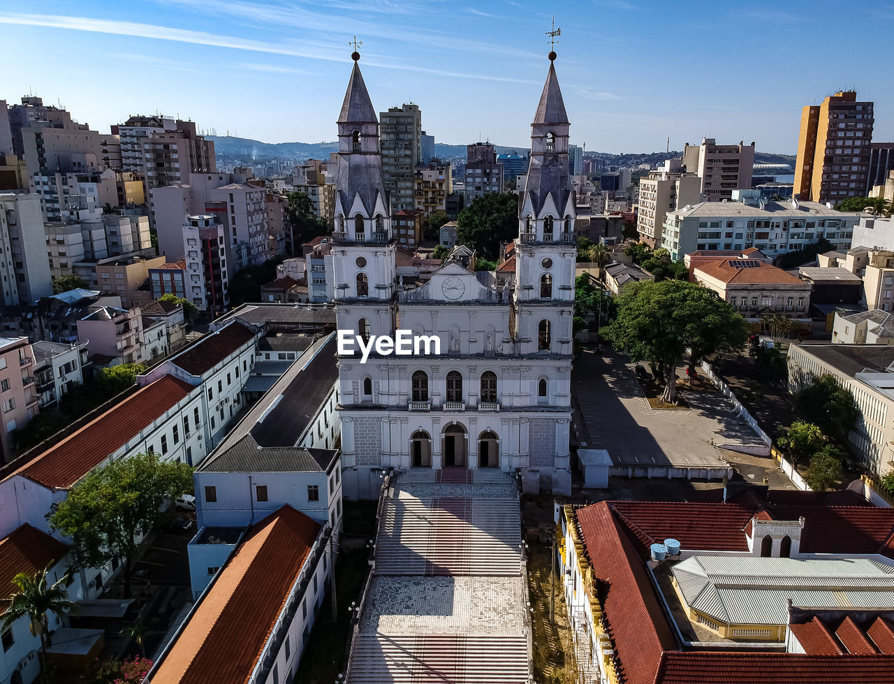 High angle view of buildings in city