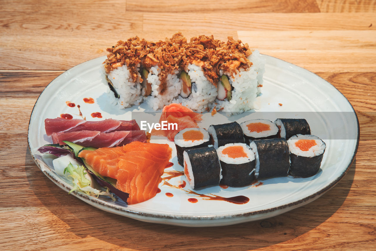 High angle view of food in plate on table