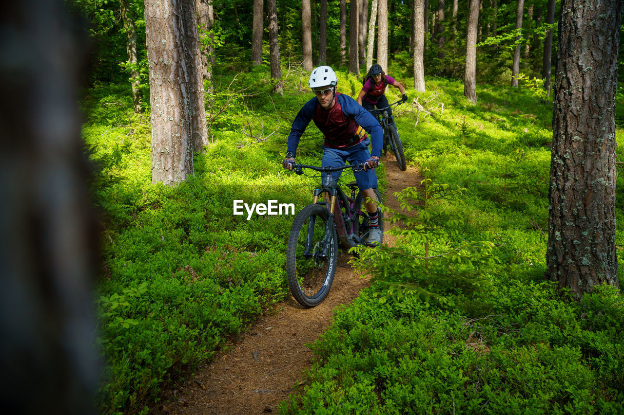 A young woman and a young man riding their mountain bikes on a singletrail near klagenfurt, austria.