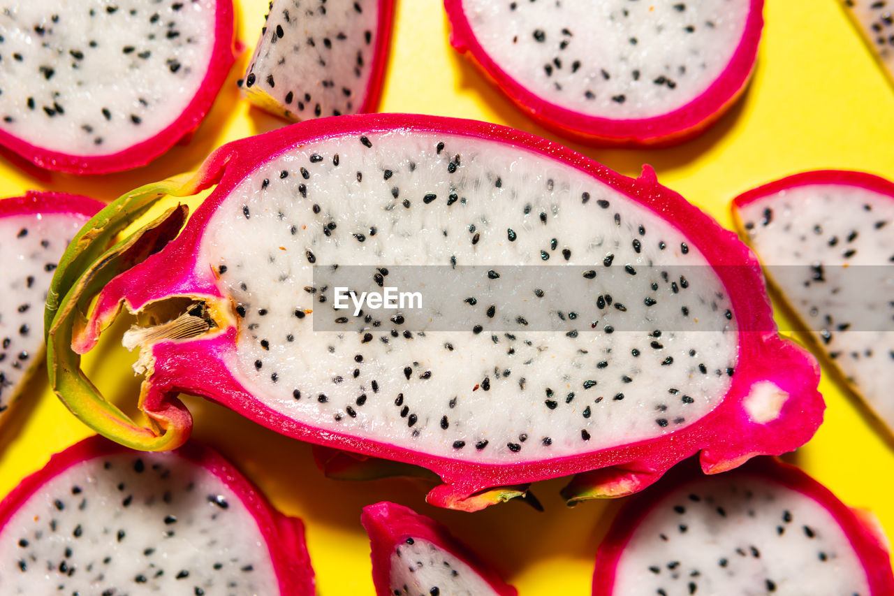 food and drink, food, healthy eating, wellbeing, plant, pitaya, fruit, freshness, produce, no people, vegetable, slice, indoors, close-up, high angle view, seed, spotted
