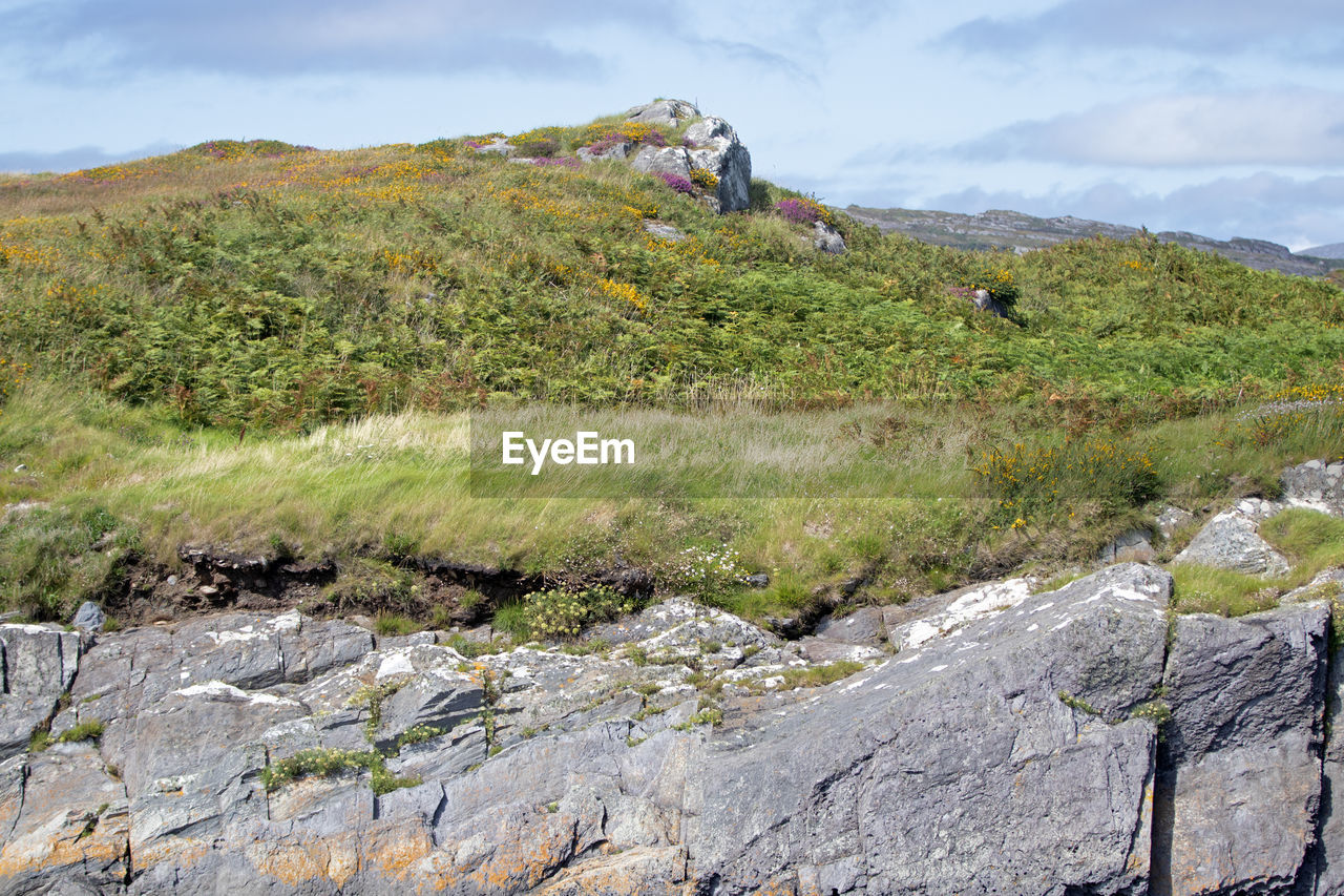 rear view of man standing on mountain against sky