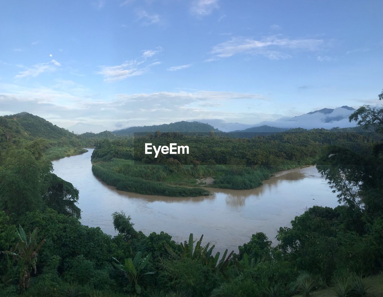 SCENIC VIEW OF RIVER AMIDST GREEN LANDSCAPE AGAINST SKY