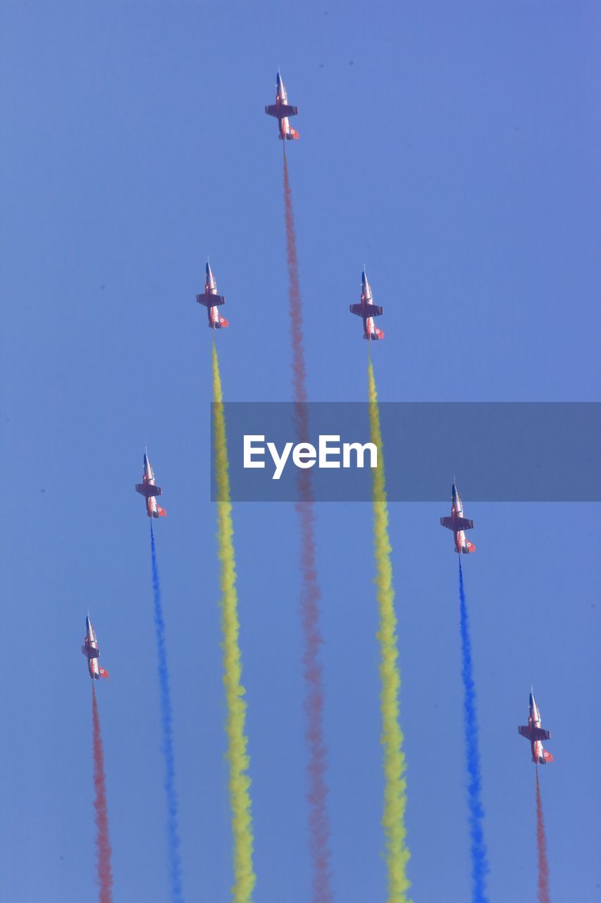 LOW ANGLE VIEW OF AIRPLANE FLYING IN CLEAR SKY