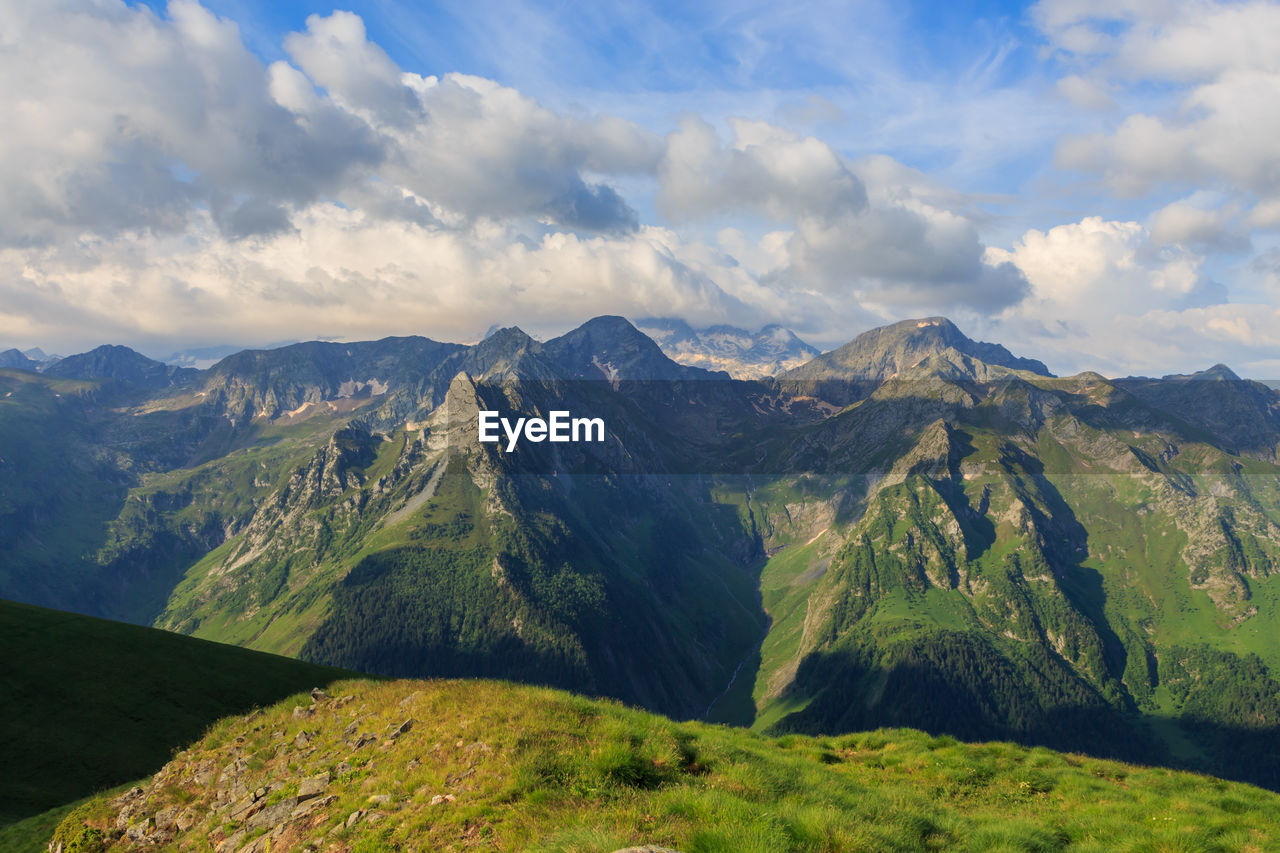 Panoramic of green mountains with blue sky and white clouds