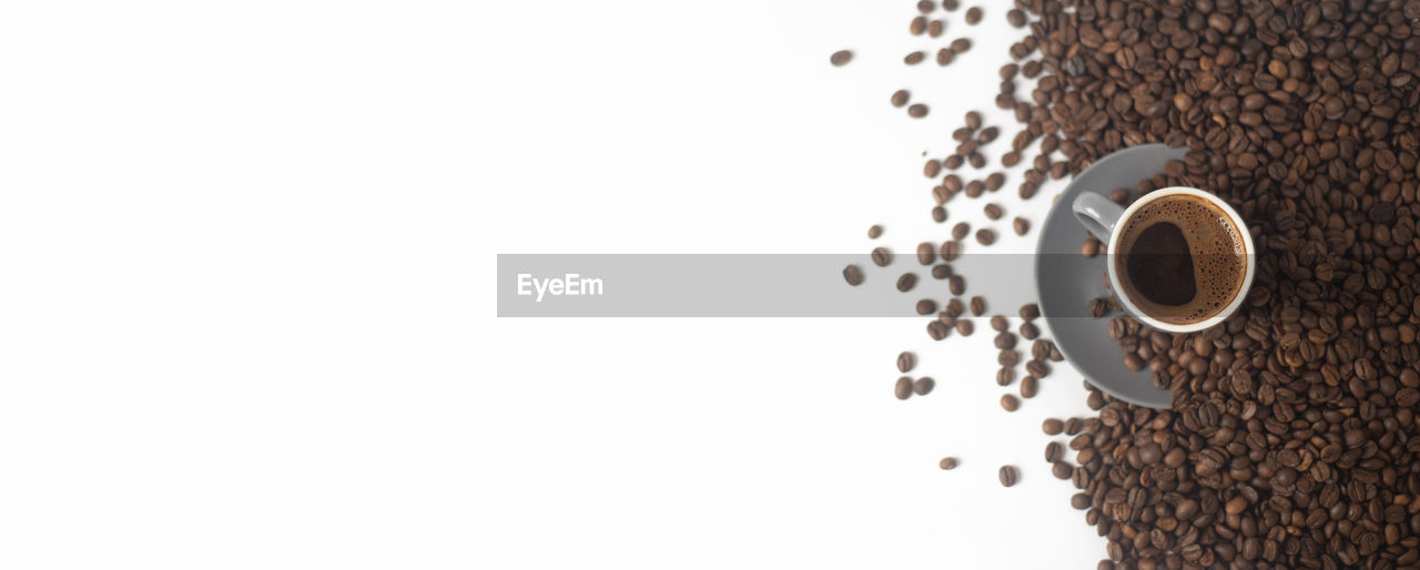 HIGH ANGLE VIEW OF COFFEE BEANS ON WHITE BACKGROUND