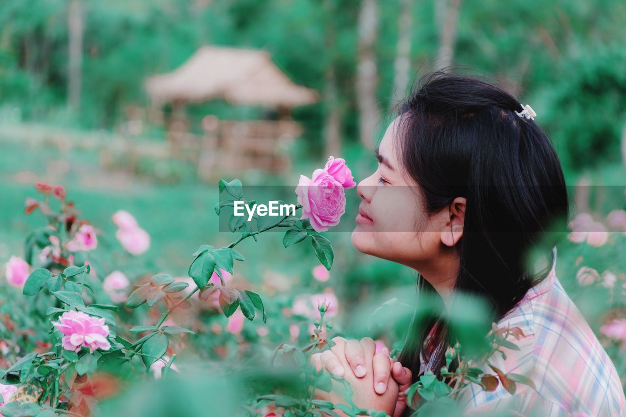 Side view of woman smelling pink rose