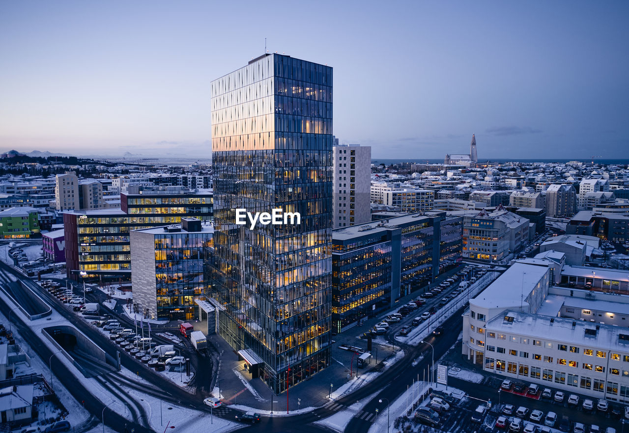 Winter cityscape with modern architecture