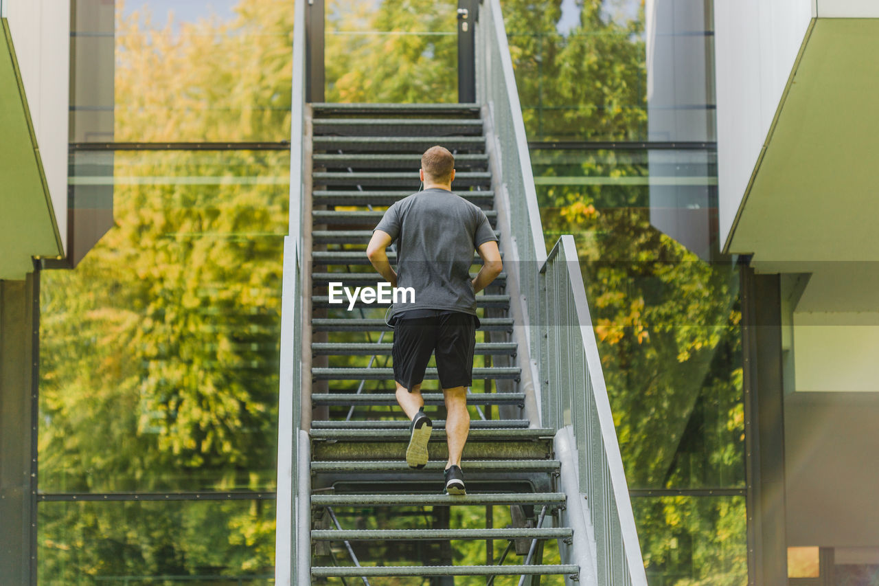 Rear view of man walking on steps