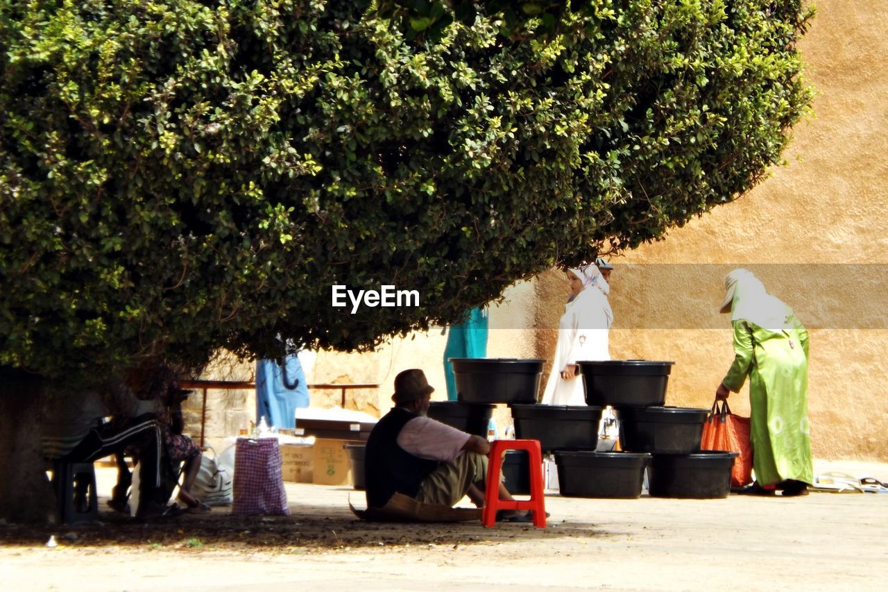 REAR VIEW OF WOMAN SITTING AGAINST TREE