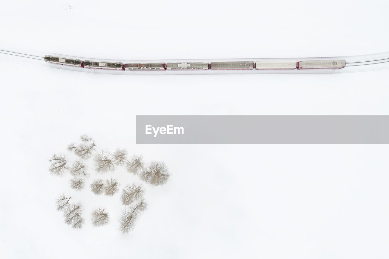 Directly above shot of train moving on snowy field