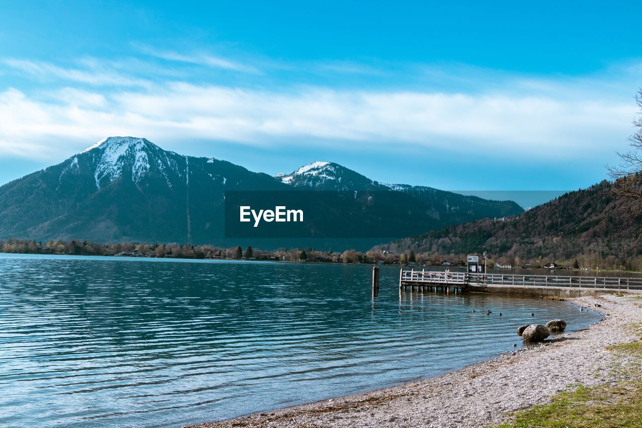 Scenic view of lake by mountains against sky