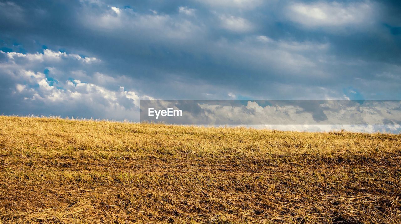 Scenic view of field against cloudy sky