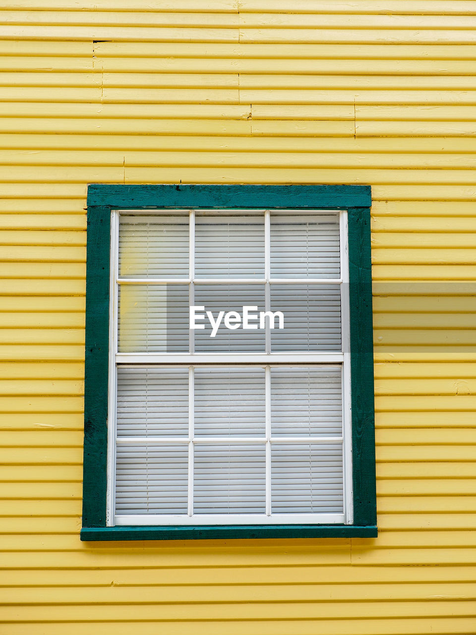 Green framed window on a yellow building