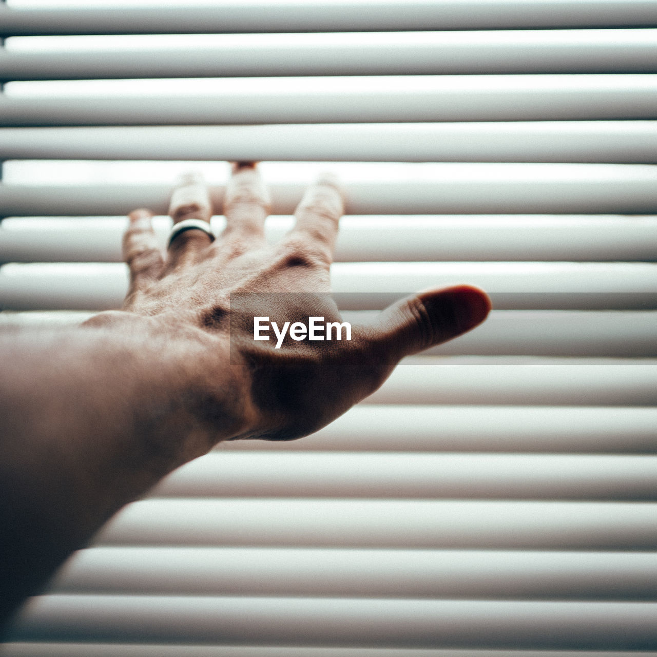 Cropped hand reaching through window blinds