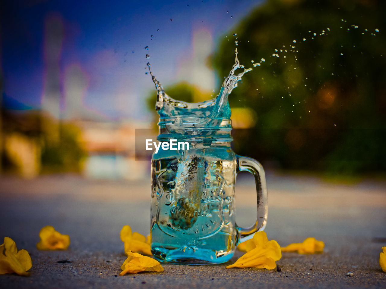 Close-up of water splashing in jar amidst flowers on road