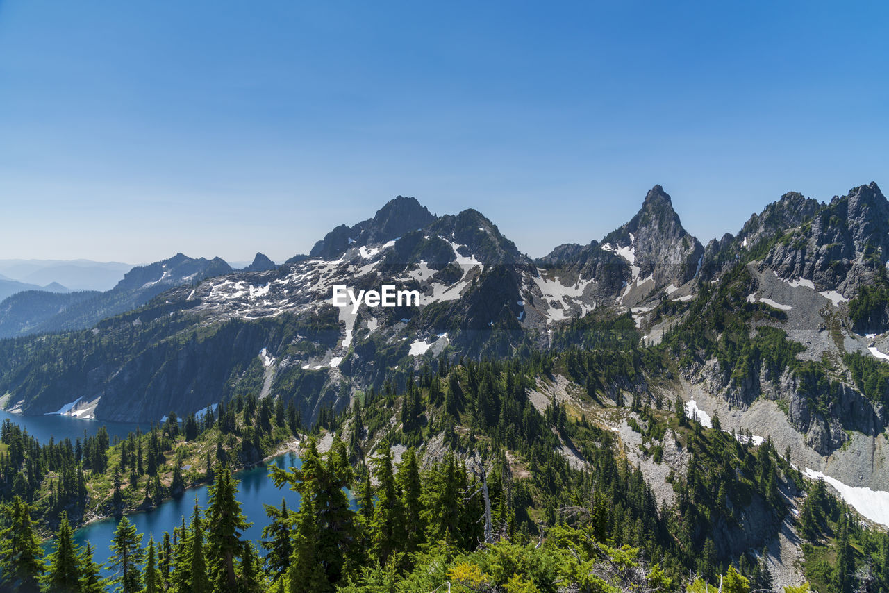 Panorama mountain peaks over alpine lakes.