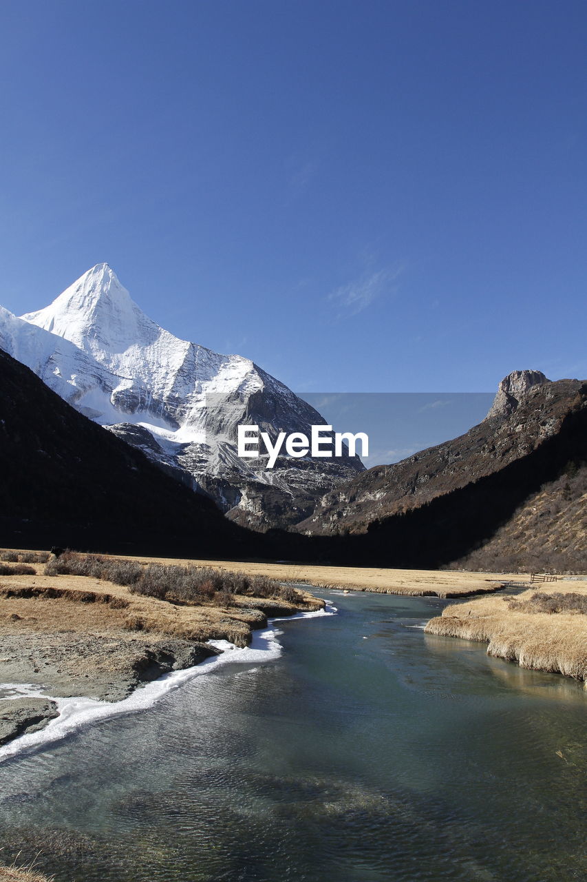 Scenic view of snowcapped mountains and lake against blue sky