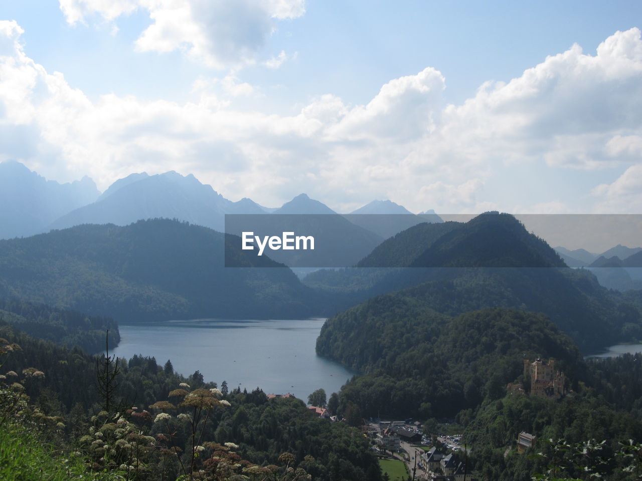 Scenic view of lake and mountains against sky