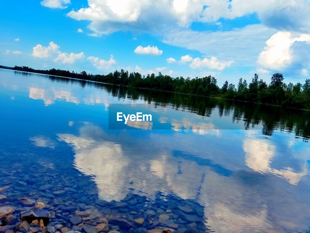 REFLECTION OF TREES IN LAKE AGAINST BLUE SKY