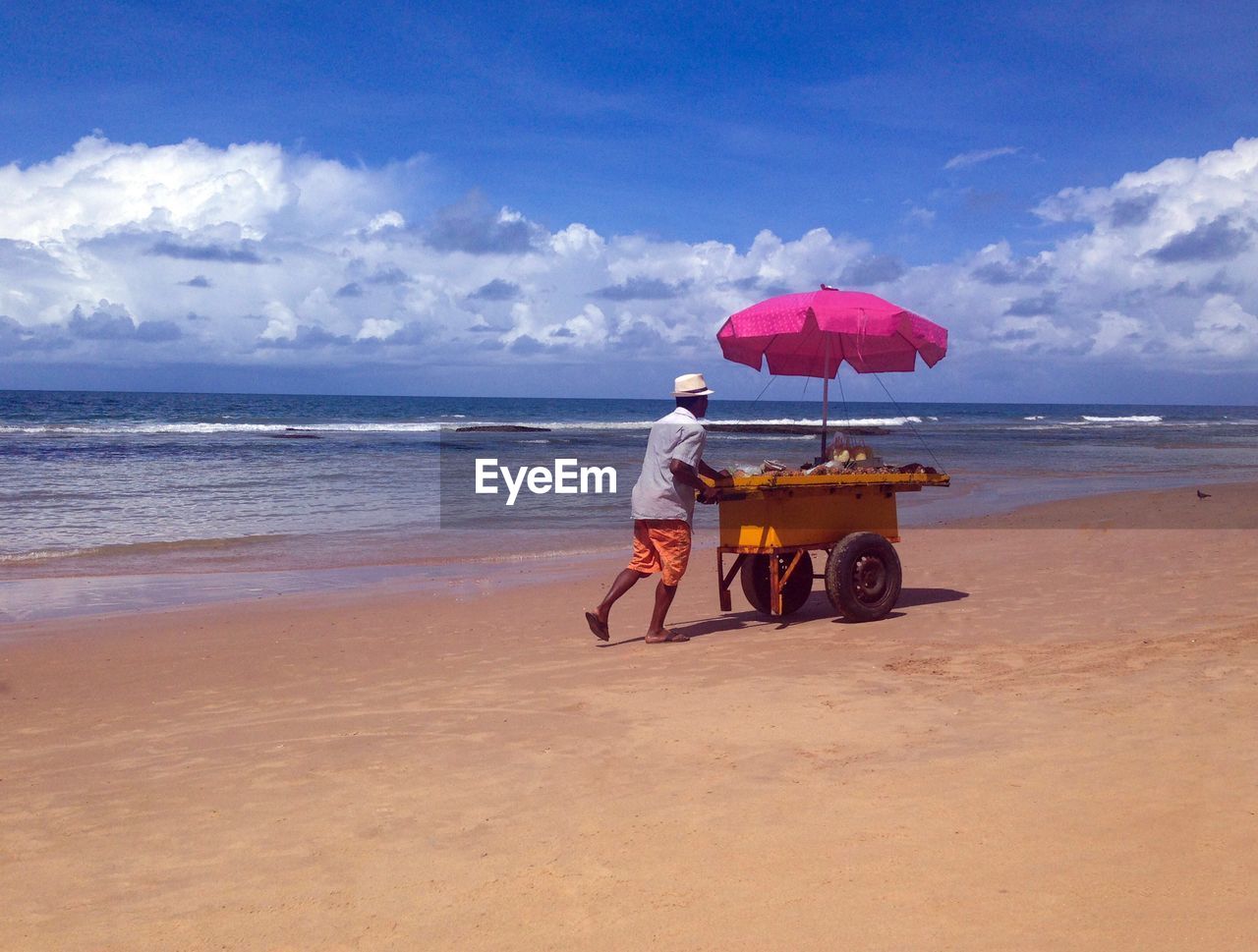 Vendor pushing concession cart at beach against sky