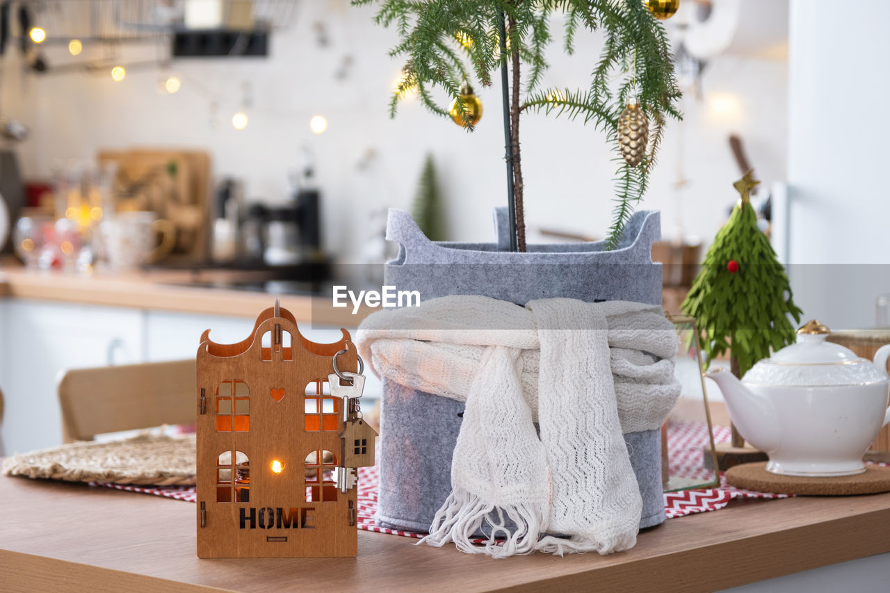 close-up of christmas presents on table