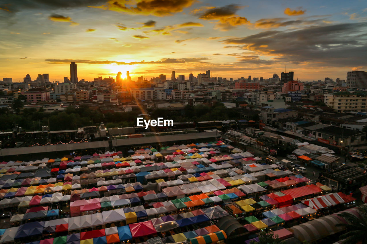 Ariel view beautiful night street food market in bangkok, famous street food and landmark