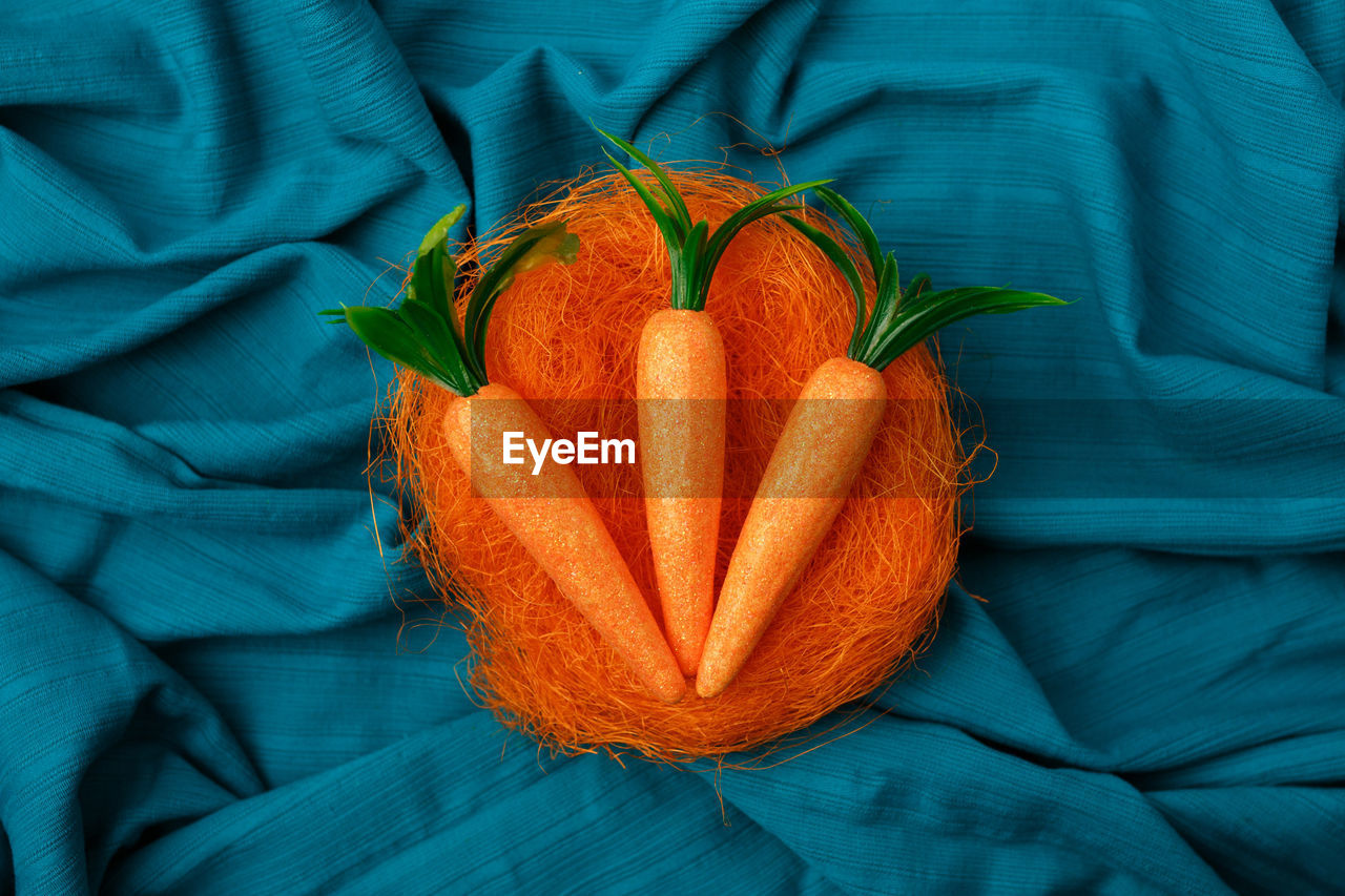 Minimal layout of bunny carrot orange birds nest against cyan or blue background.
