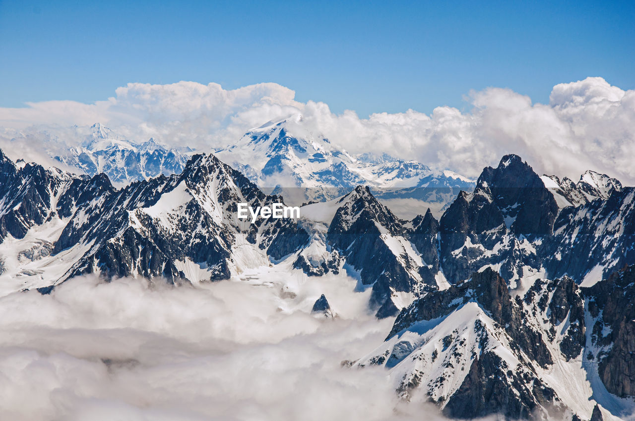 Close-up of snowy peaks and mountains, viewed from the aiguille du midi, near chamonix, france.
