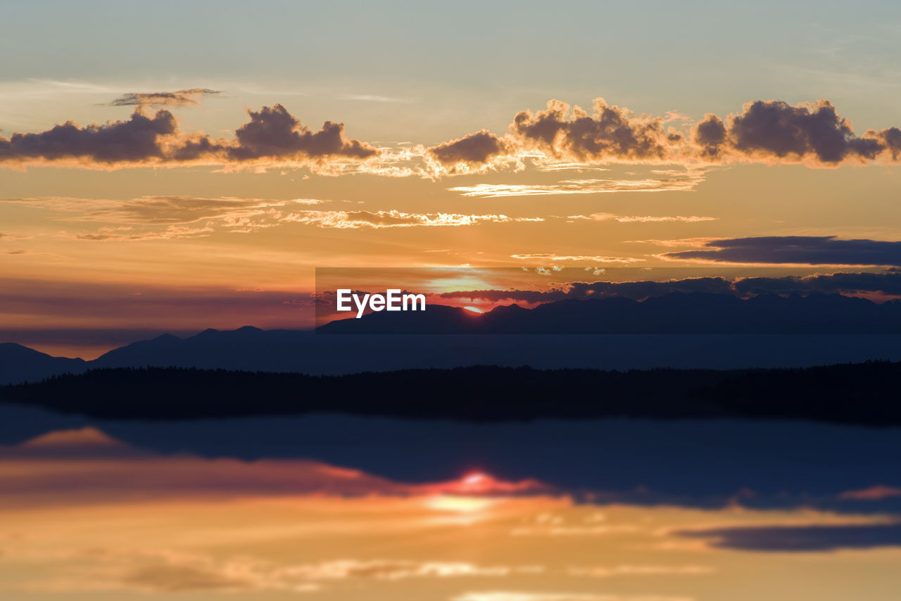 Scenic view of silhouette mountains against sky during sunset