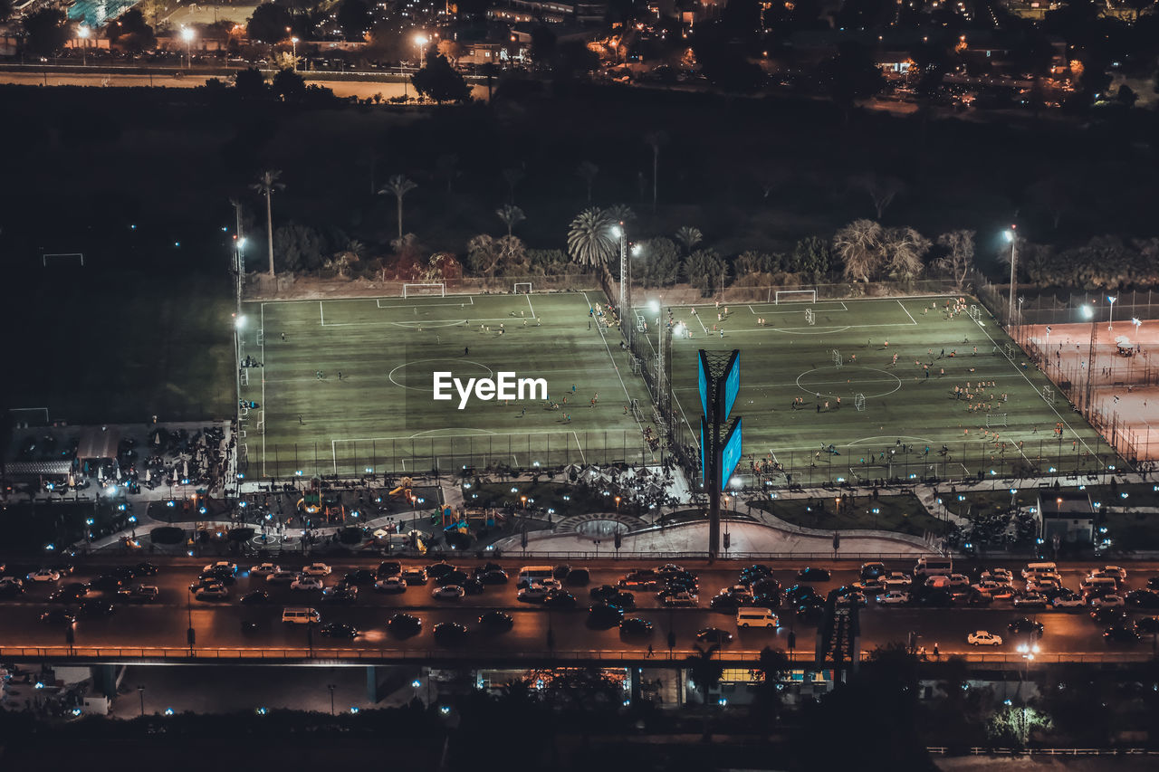 Aerial view of soccer field at night