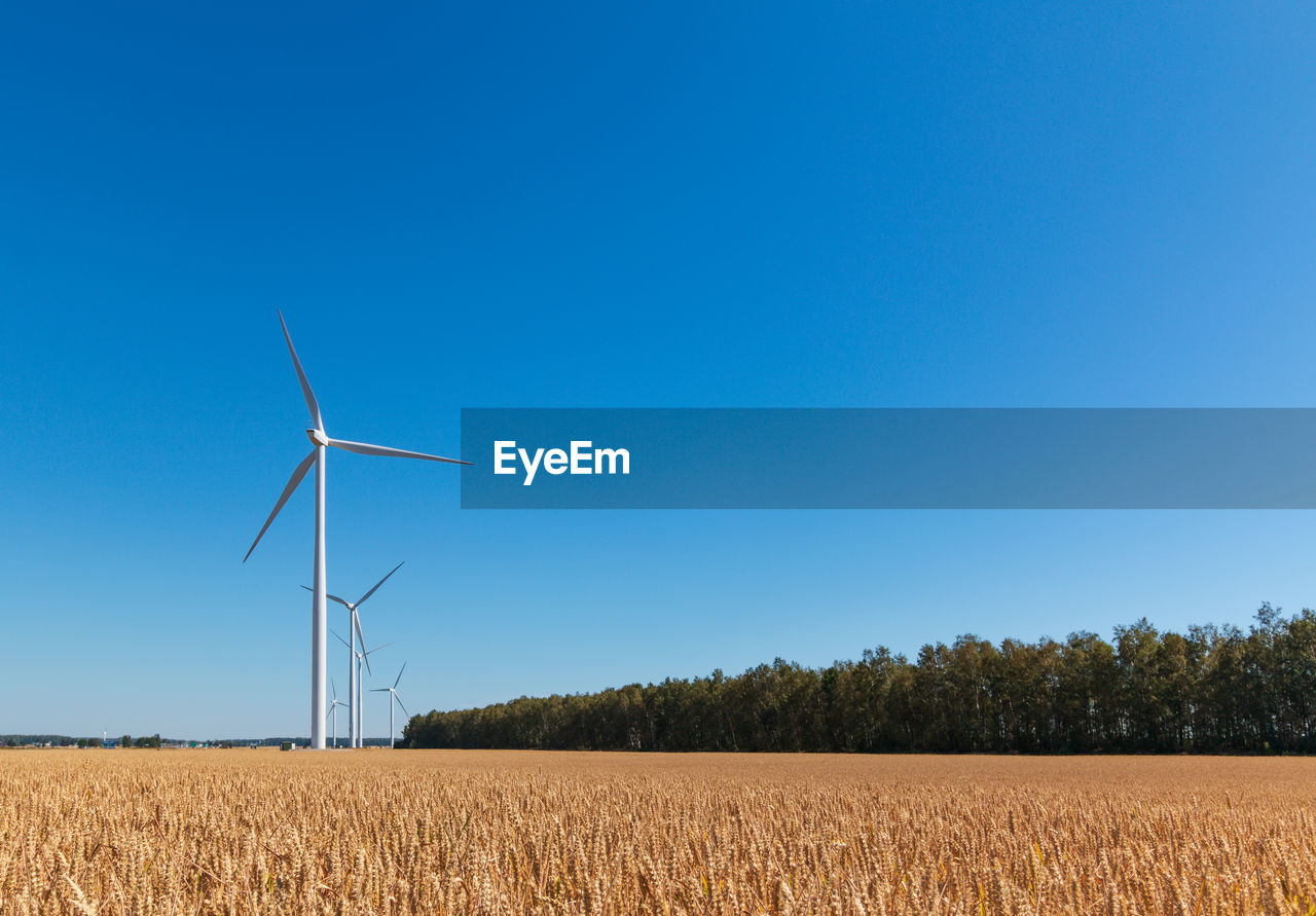 Windmills on scenic agricultural field against clear blue sky