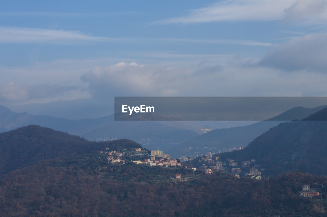 HIGH ANGLE VIEW OF TOWNSCAPE AGAINST MOUNTAIN