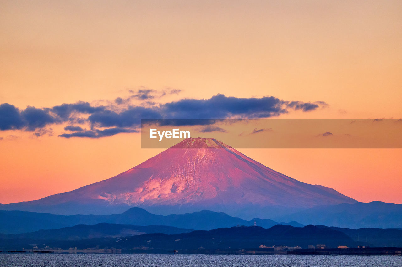 Scenic view of snowcapped mountains against sky during sunrise