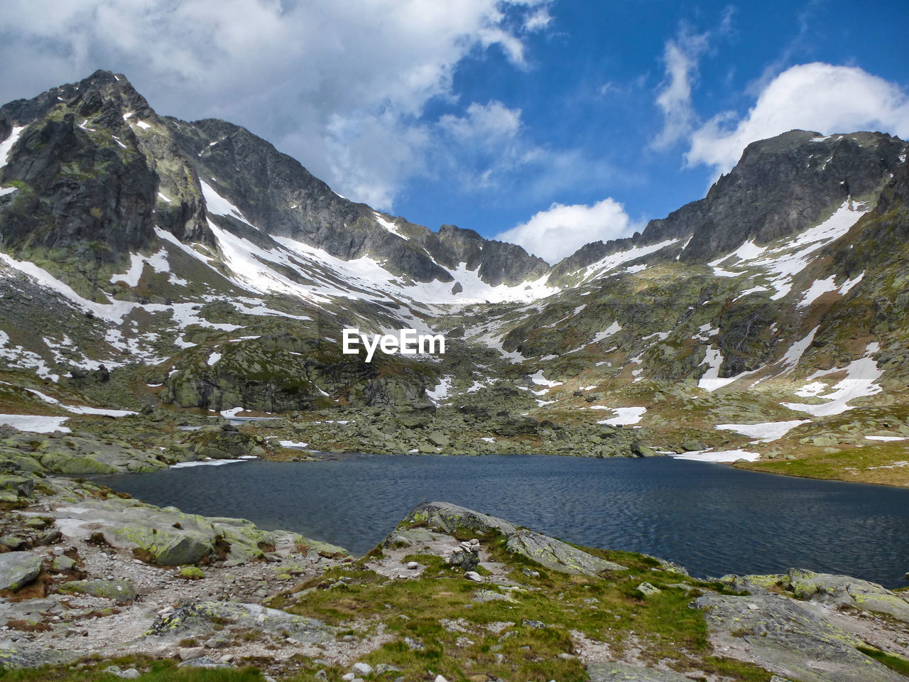 Scenic view of mountains and lake against sky