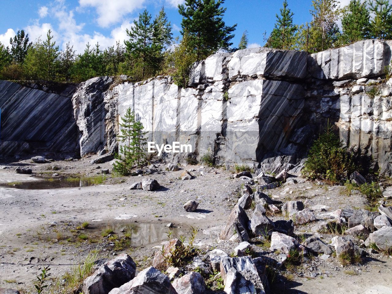 Scenic view of cliff by trees against sky