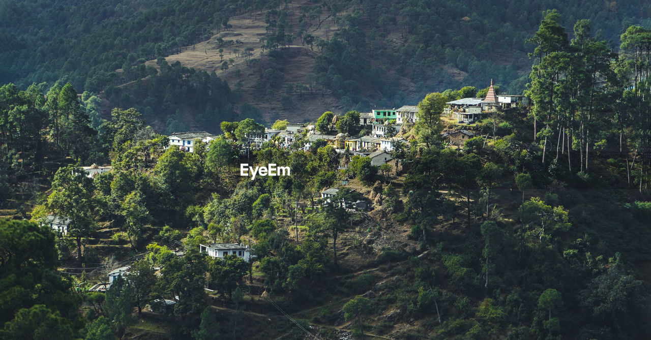 A village on the top of a mountain covered with trees at the time of sunset