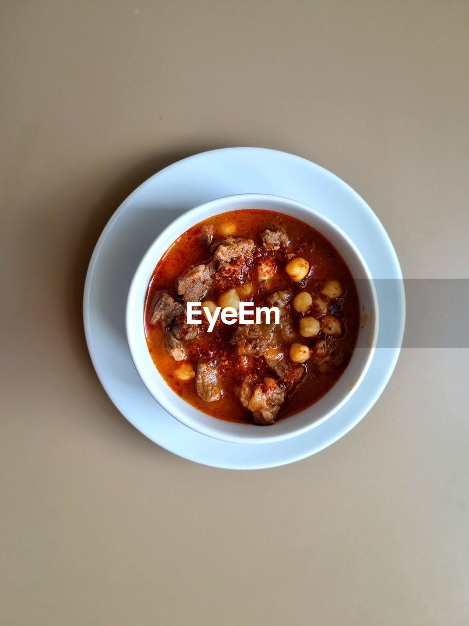 High angle view of soup in bowl on table