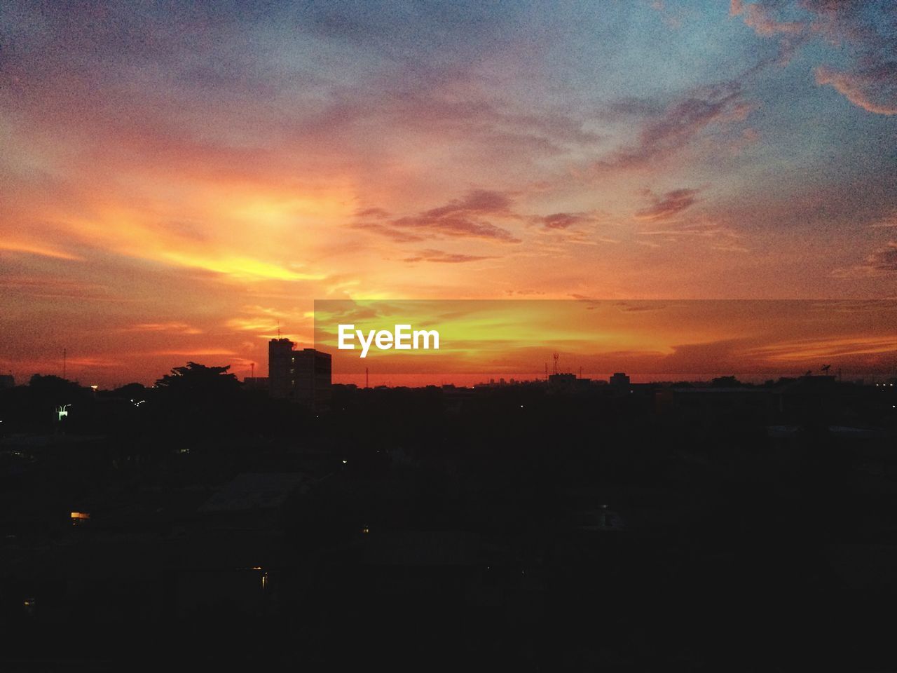 SILHOUETTE OF BUILT STRUCTURES AGAINST DRAMATIC SKY