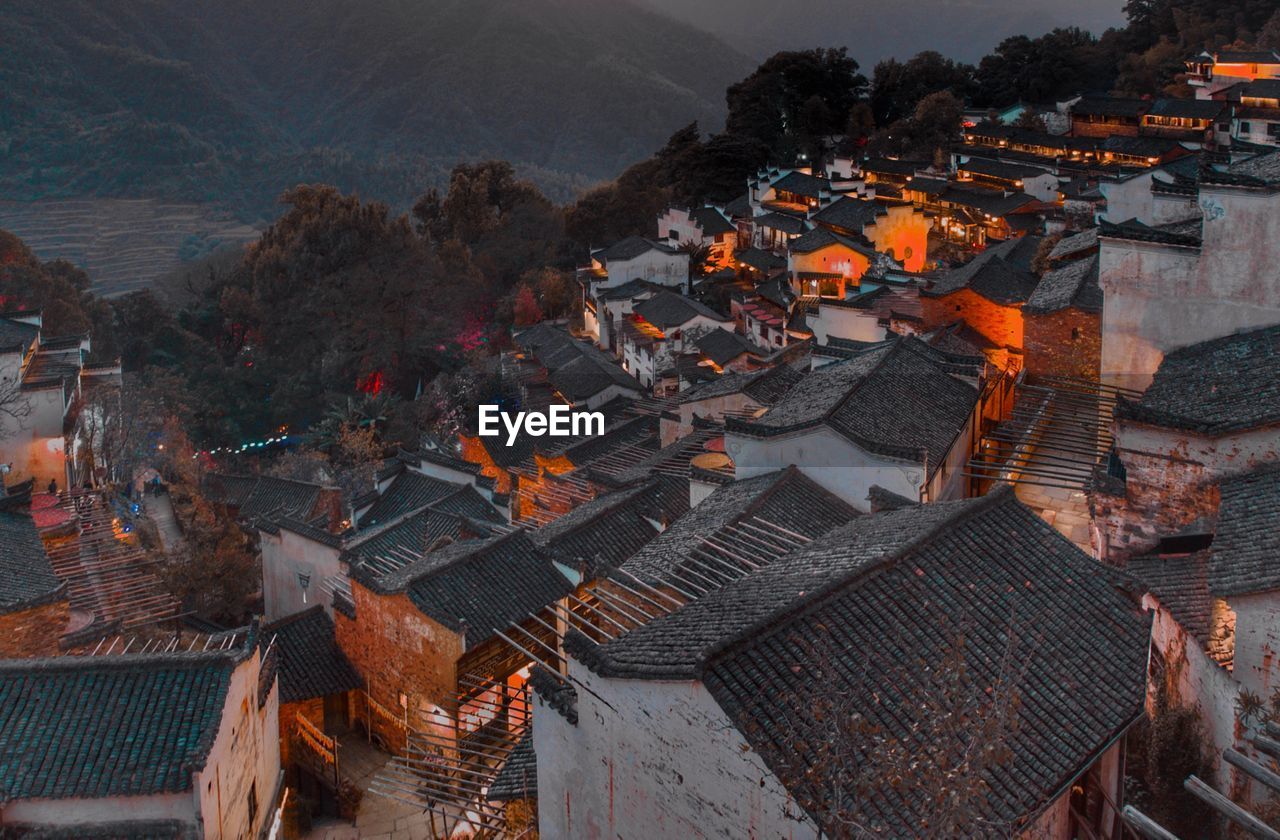 High angle view of illuminated buildings