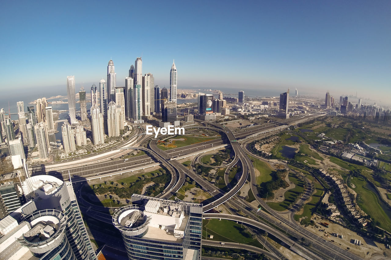 High angle view of city against clear sky